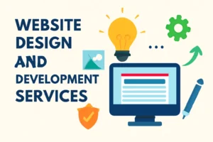 A digital illustration showcasing modern website design and development services, featuring bold text and creative icons on a beige background.