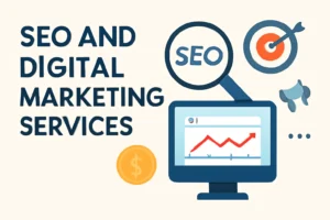 A digital illustration showcasing SEO and digital marketing services with SEO magnified, a graph, and marketing icons on a beige background.