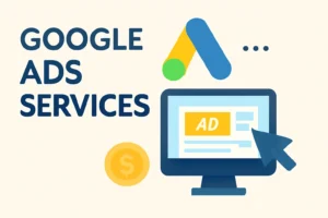 A digital illustration showcasing Google Ads services, featuring a computer monitor displaying an ad, the Google Ads logo, and a dollar symbol